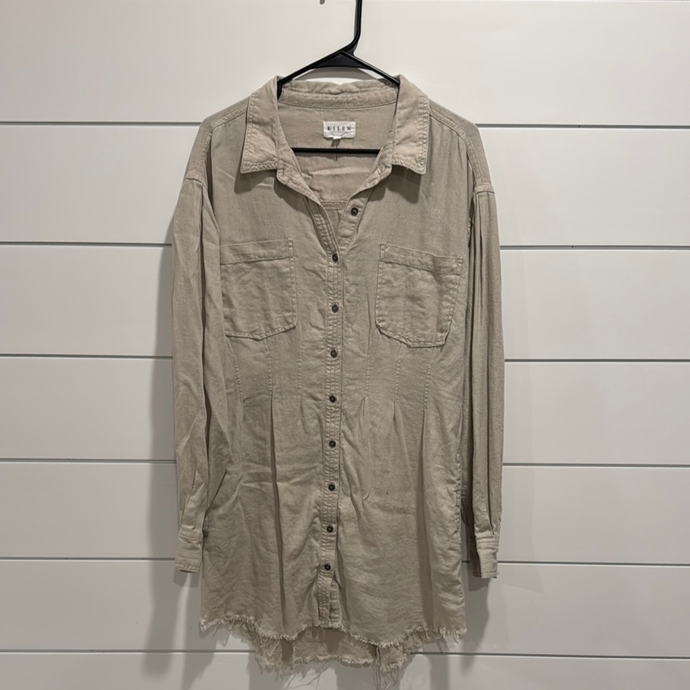 Tan Button-Up Dress with Frayed Hem